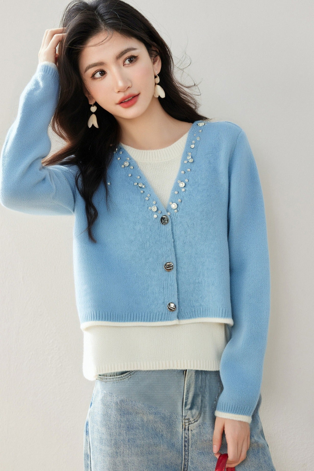 Office Wear◆Knitwear Two-Piece Set with Beaded Design, Casual Style Long Sleeve Top