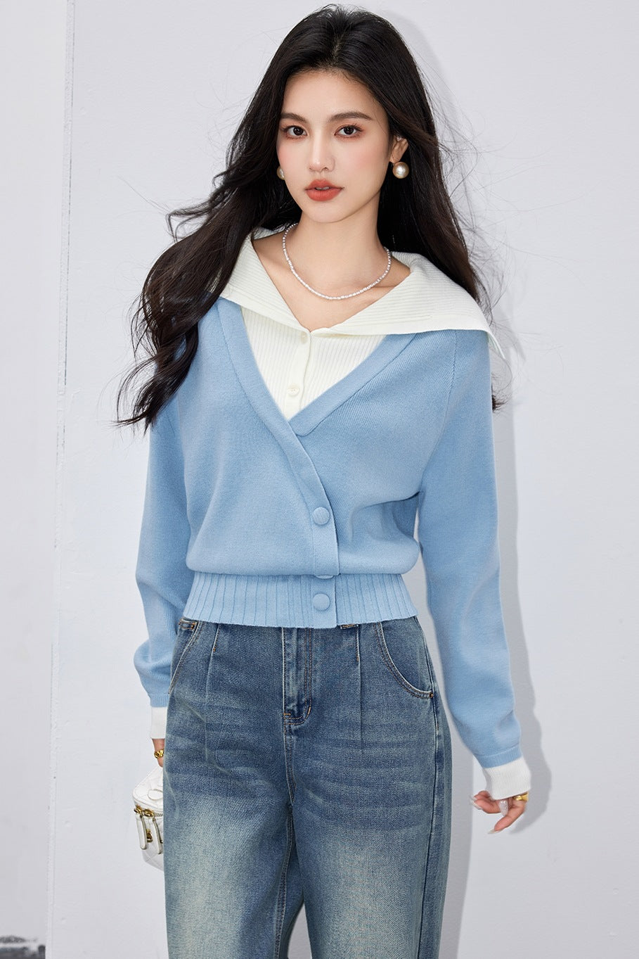 French Style Knit Sweater for Women Color-Blocking Stitched, Long Sleeve Casual Wear