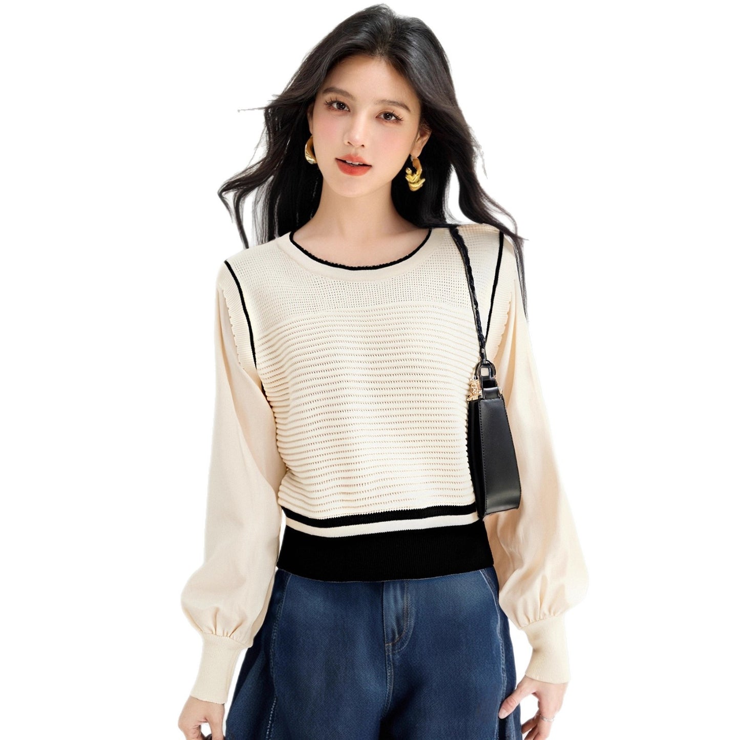 Soft style cozy knit top for women, unique and stylish two-piece design, autumn new arrival, ribbed sweater with contrast stitching
