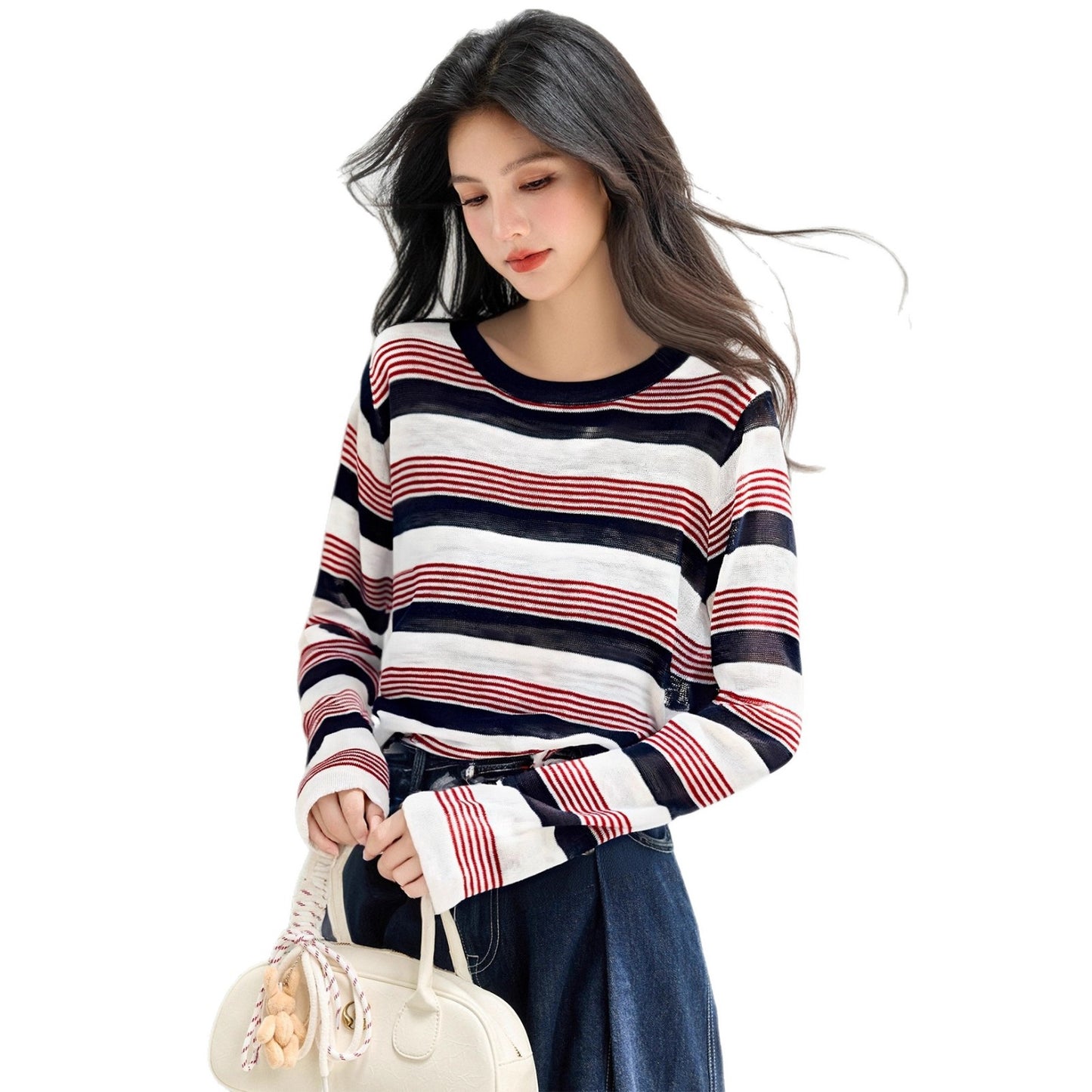 Laid-back Style Striped Long Sleeve Knit Top for WomenSoft Color-blocked Lightweight Sweater