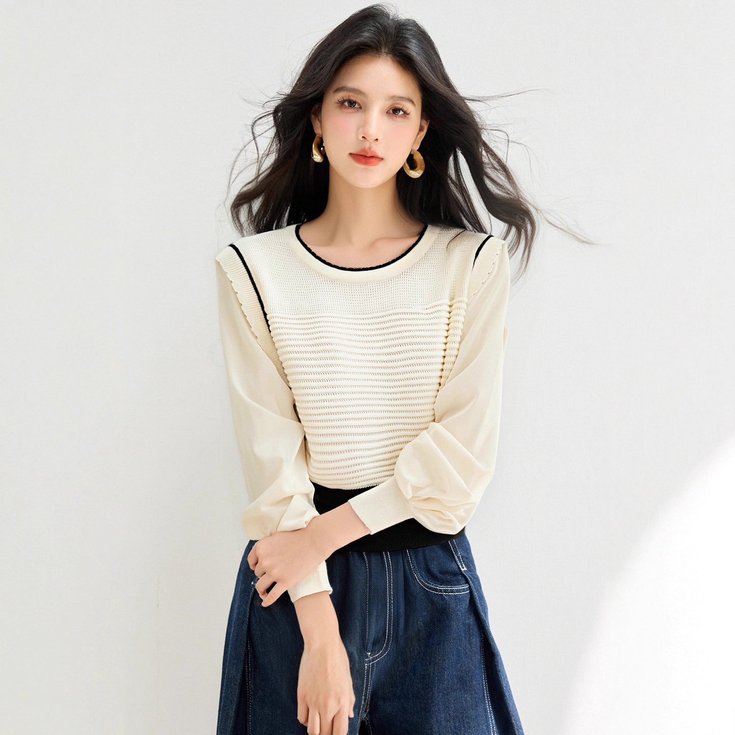 Soft style cozy knit top for women, unique and stylish two-piece design, autumn new arrival, ribbed sweater with contrast stitching
