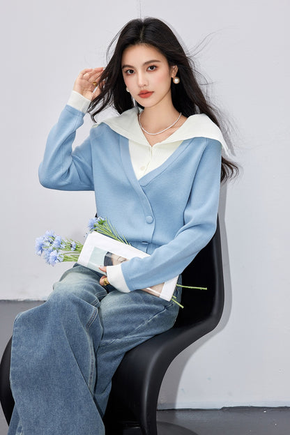 French Style Knit Sweater for Women Color-Blocking Stitched, Long Sleeve  Casual Wear