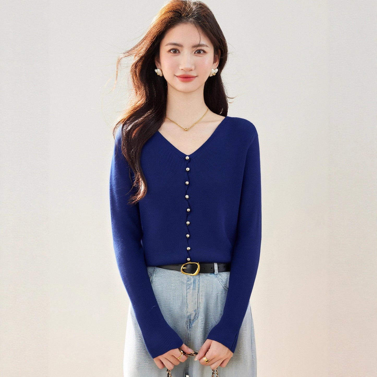 Chic Navy Blue V-Neck Knit Cardigan for Women  Lightweight Long Sleeve Inner Top