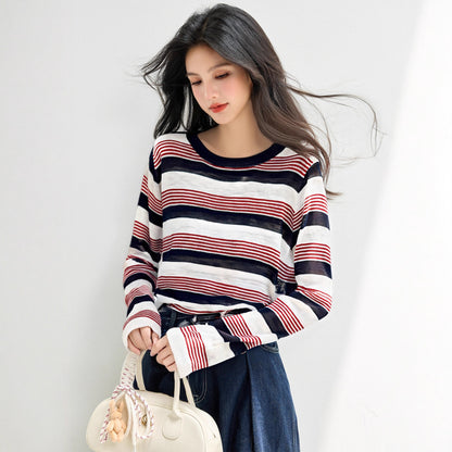 Laid-back Style Striped Long Sleeve Knit Top for WomenSoft Color-blocked Lightweight Sweater