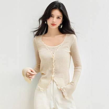 Chic Youthful Knit Top for WomenLong Sleeve Soft Lightweight Ruffled HemTwo-Piece Style