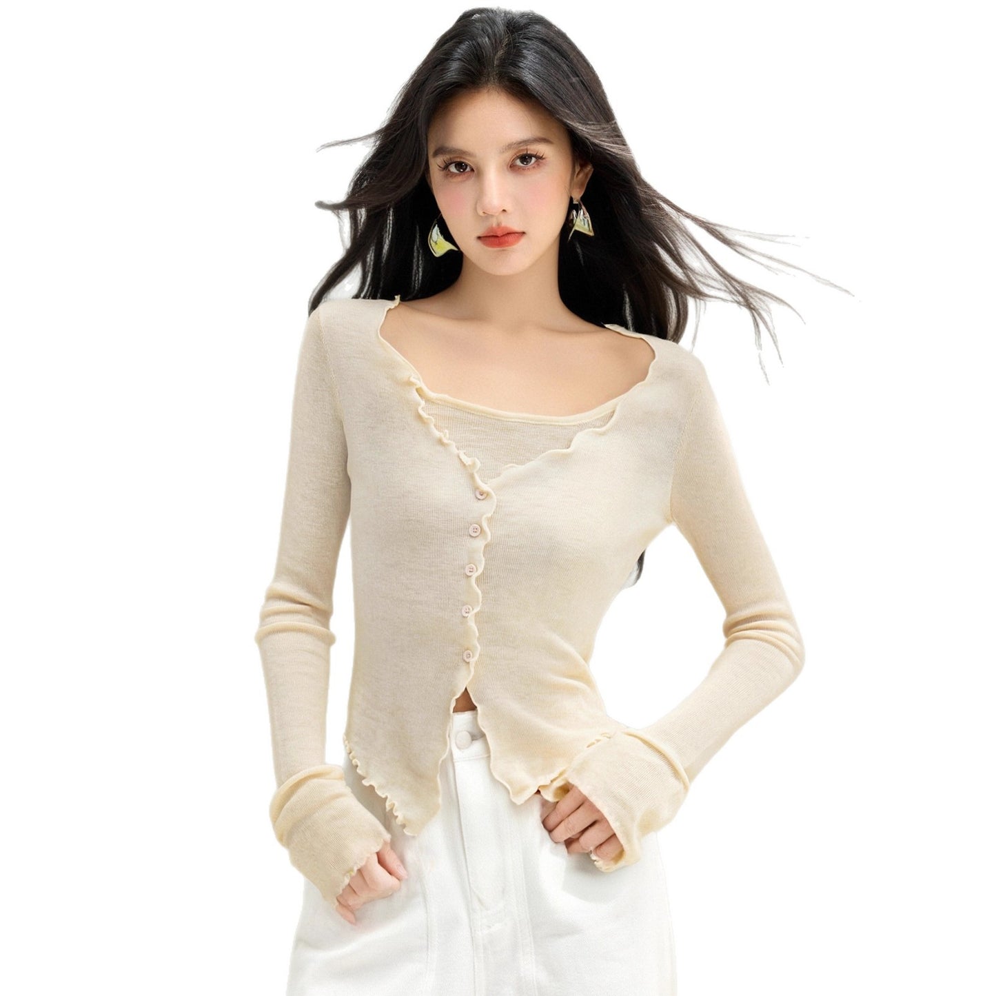 Chic Youthful Knit Top for WomenLong Sleeve Soft Lightweight Ruffled HemTwo-Piece Style