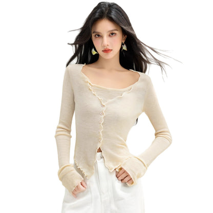 Chic Youthful Knit Top for WomenLong Sleeve Soft Lightweight Ruffled HemTwo-Piece Style