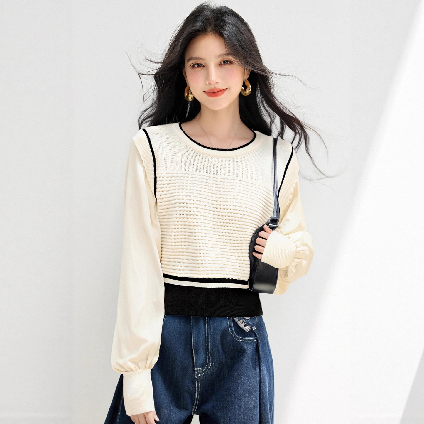 Soft style cozy knit top for women, unique and stylish two-piece design, autumn new arrival, ribbed sweater with contrast stitching