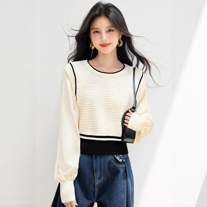 Soft style cozy knit top for women, unique and stylish two-piece design, autumn new arrival, ribbed sweater with contrast stitching