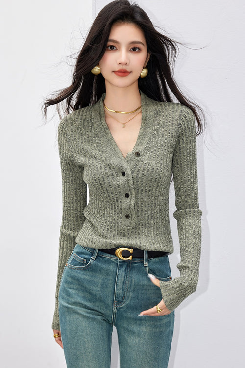 Perfectly Sexy Wool Double-Layer Half-Open Narrow V-Neck Ribbed Fitted Knitwear