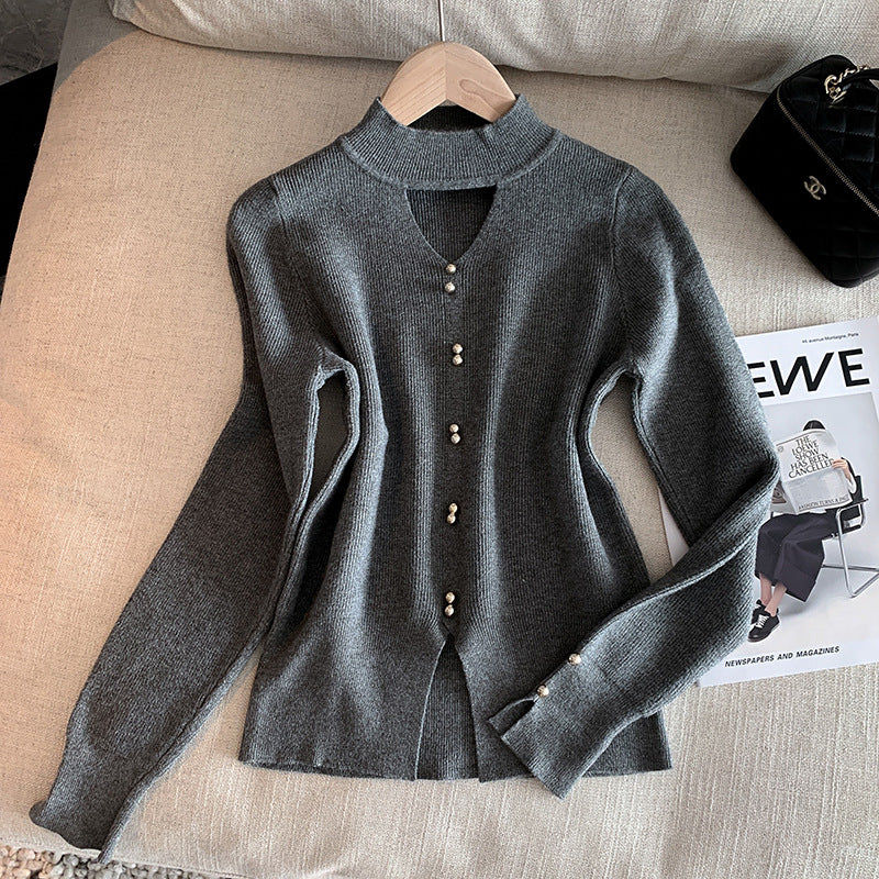 Knitted Sweater Women Korean Style Design Hollow-out V-neck Pullover Solid Color Top Elegant Beaded