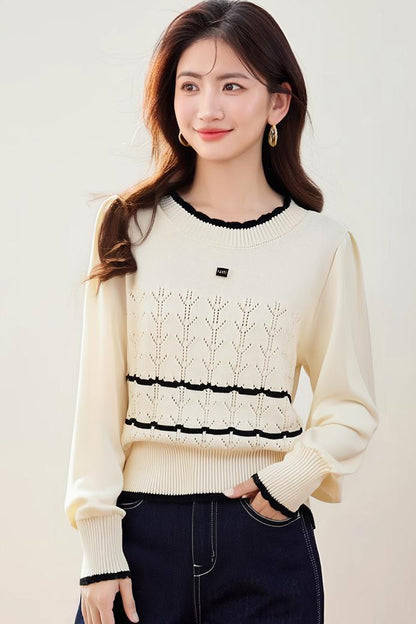 Fashionable style Color-blocked Knit Sweater with Round Neck, Slim Fit, French Chic Design