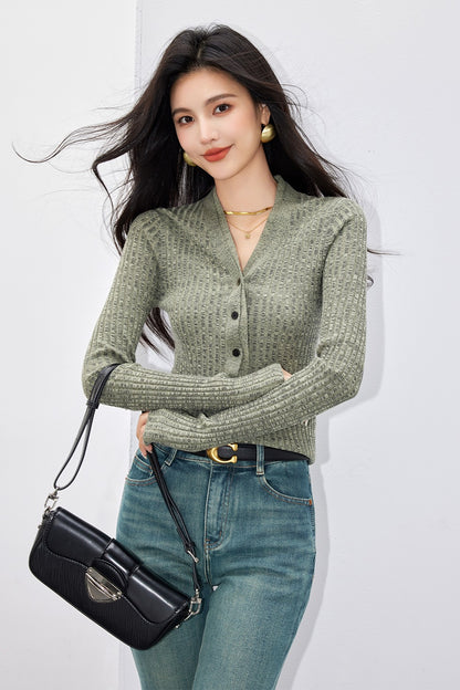 Perfectly Sexy Wool Double-Layer Half-Open Narrow V-Neck Ribbed Fitted Knitwear