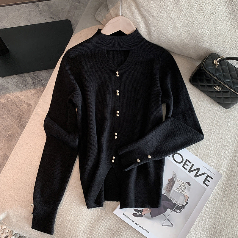 Knitted Sweater Women Korean Style Design Hollow-out V-neck Pullover Solid Color Top Elegant Beaded