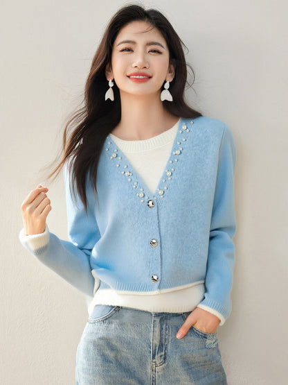 Office Wear◆Knitwear Two-Piece Set with Beaded Design, Casual Style Long Sleeve Top
