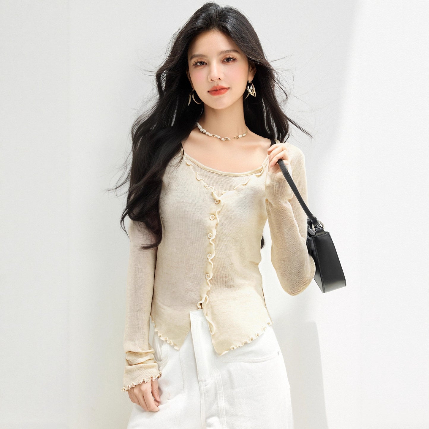 Chic Youthful Knit Top for WomenLong Sleeve Soft Lightweight Ruffled HemTwo-Piece Style