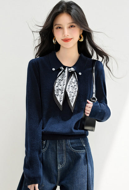 Knitted Sweater Pullover with Tie Detail Autumn Winter Fashion Top