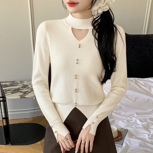 Knitted Sweater Women Korean Style Design Hollow-out V-neck Pullover Solid Color Top Elegant Beaded