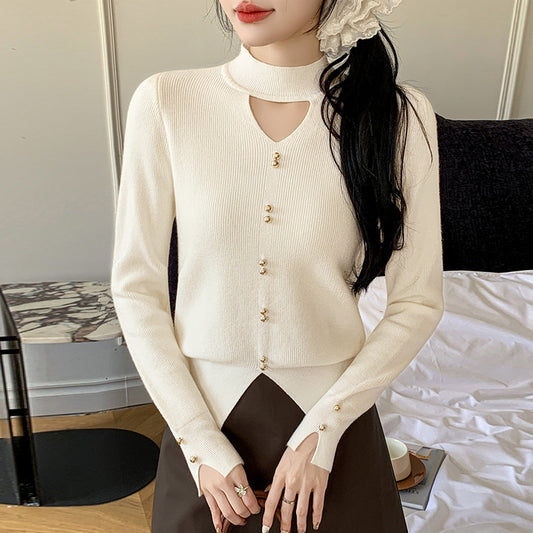 Knitted Sweater Women Korean Style Design Hollow-out V-neck Pullover Solid Color Top Elegant Beaded