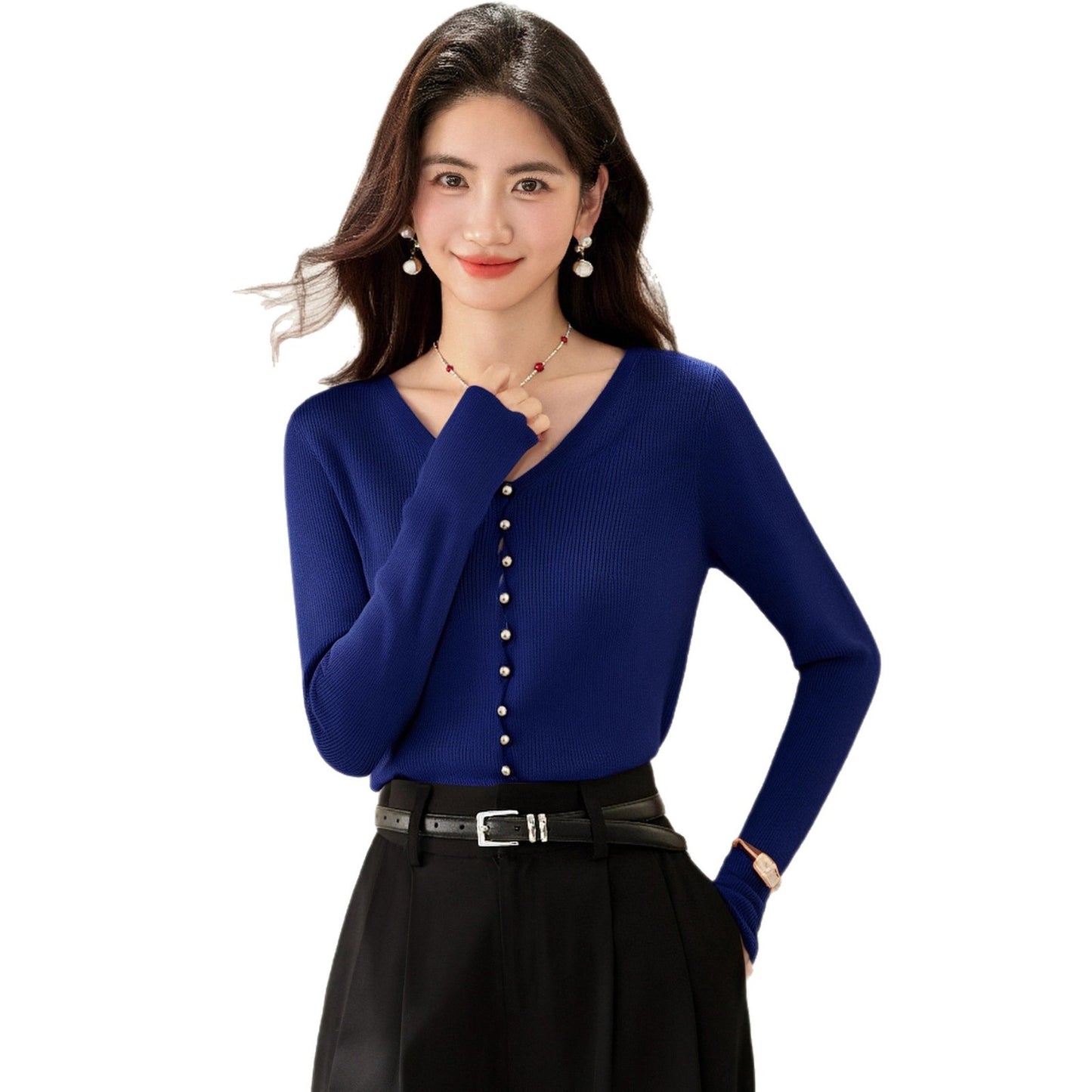 Chic Navy Blue V-Neck Knit Cardigan for Women  Lightweight Long Sleeve Inner Top