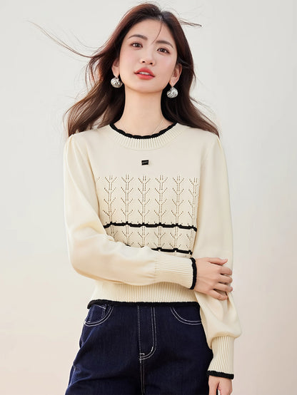 Fashionable style Color-blocked Knit Sweater with Round Neck, Slim Fit, French Chic Design