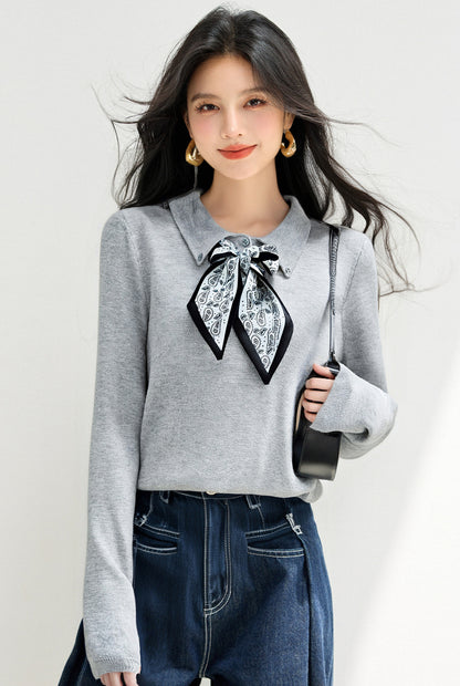 Knitted Sweater Pullover with Tie Detail Autumn Winter Fashion Top