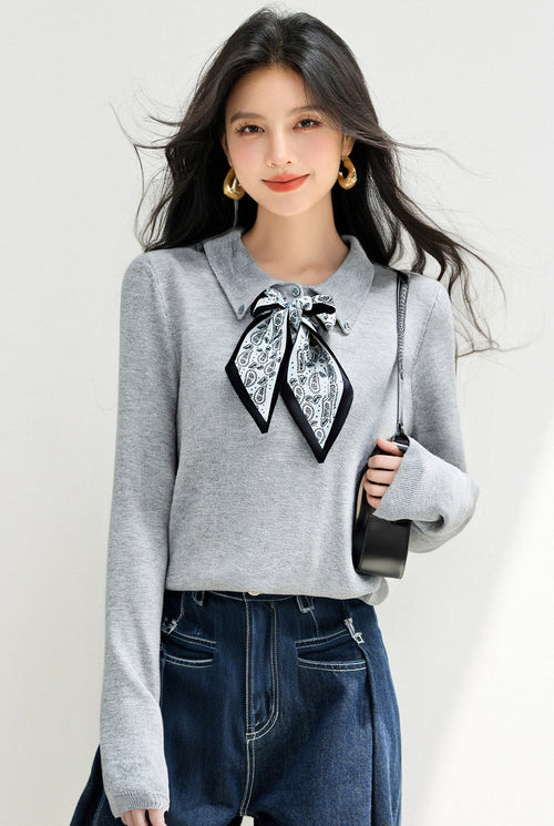 Knitted Sweater Pullover with Tie Detail Autumn Winter Fashion Top