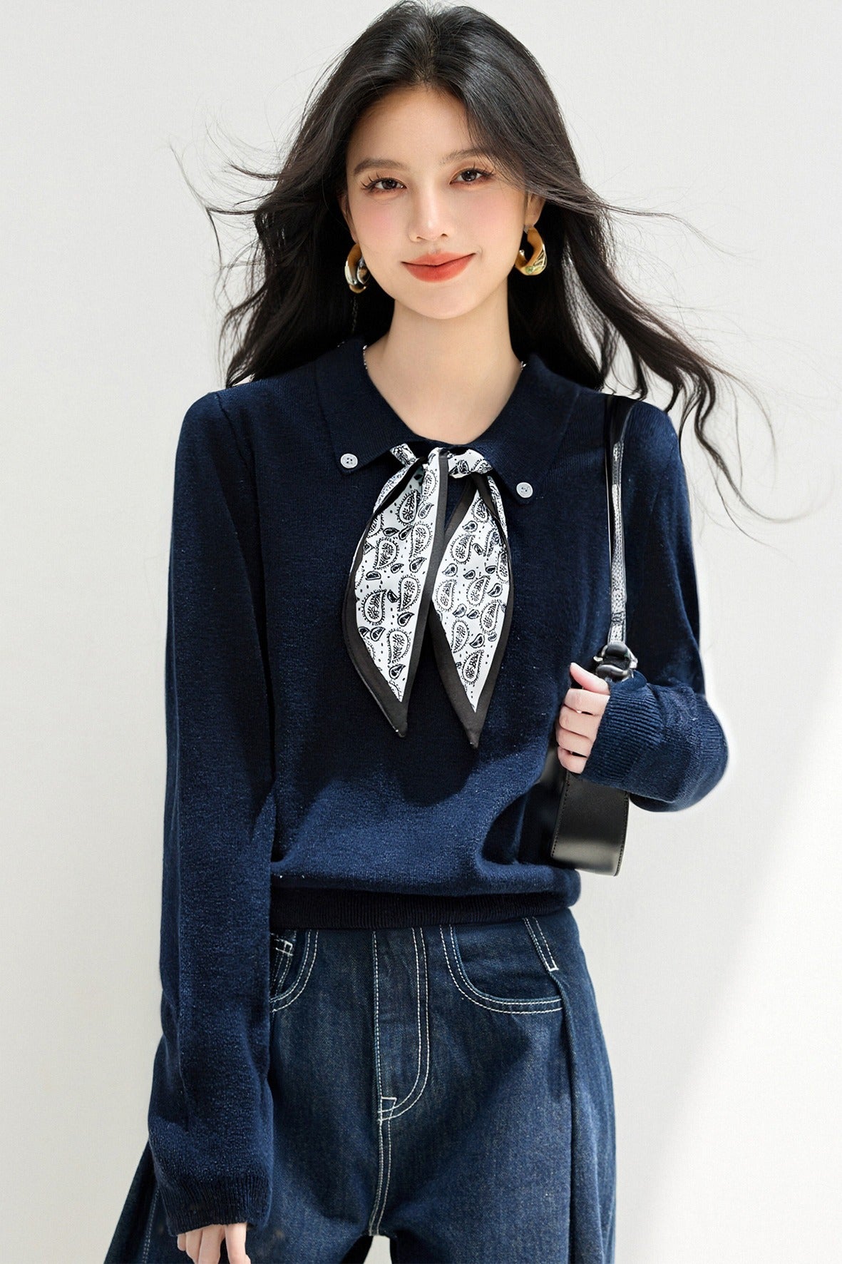 Knitted Sweater Pullover with Tie Detail Autumn Winter Fashion Top