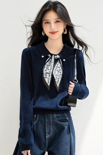 Knitted Sweater Pullover with Tie Detail Autumn Winter Fashion Top
