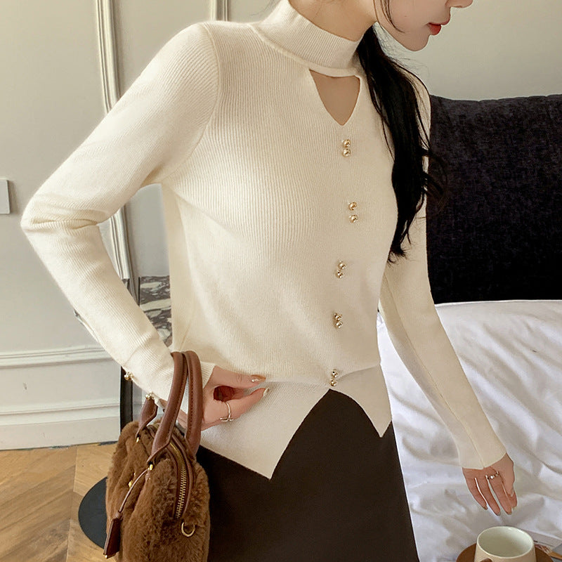 Knitted Sweater Women Korean Style Design Hollow-out V-neck Pullover Solid Color Top Elegant Beaded