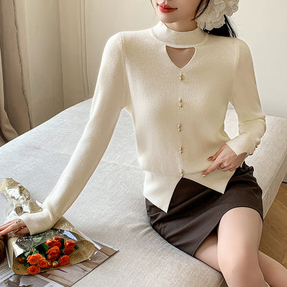Knitted Sweater Women Korean Style Design Hollow-out V-neck Pullover Solid Color Top Elegant Beaded
