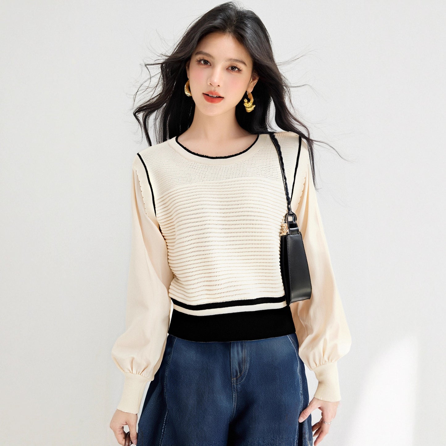 Soft style cozy knit top for women, unique and stylish two-piece design, autumn new arrival, ribbed sweater with contrast stitching