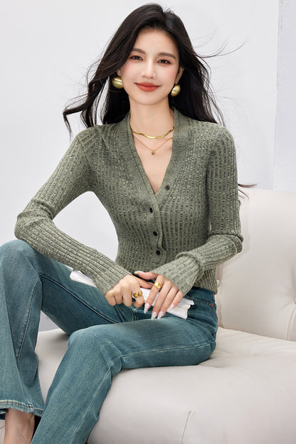 Perfectly Sexy Wool Double-Layer Half-Open Narrow V-Neck Ribbed Fitted Knitwear