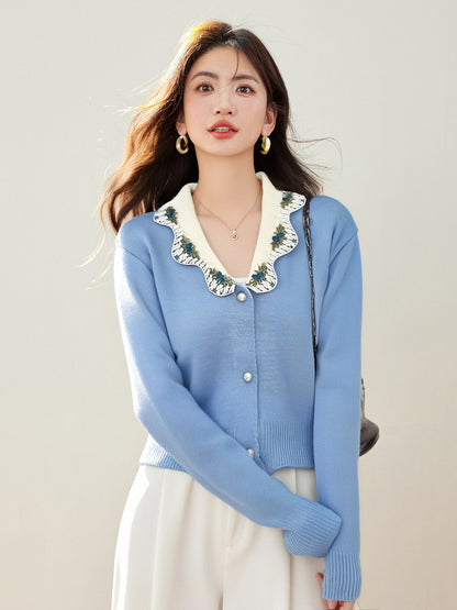 Sweet Lace Embroidery Trim Neck Knit Cardigan Top for Women
