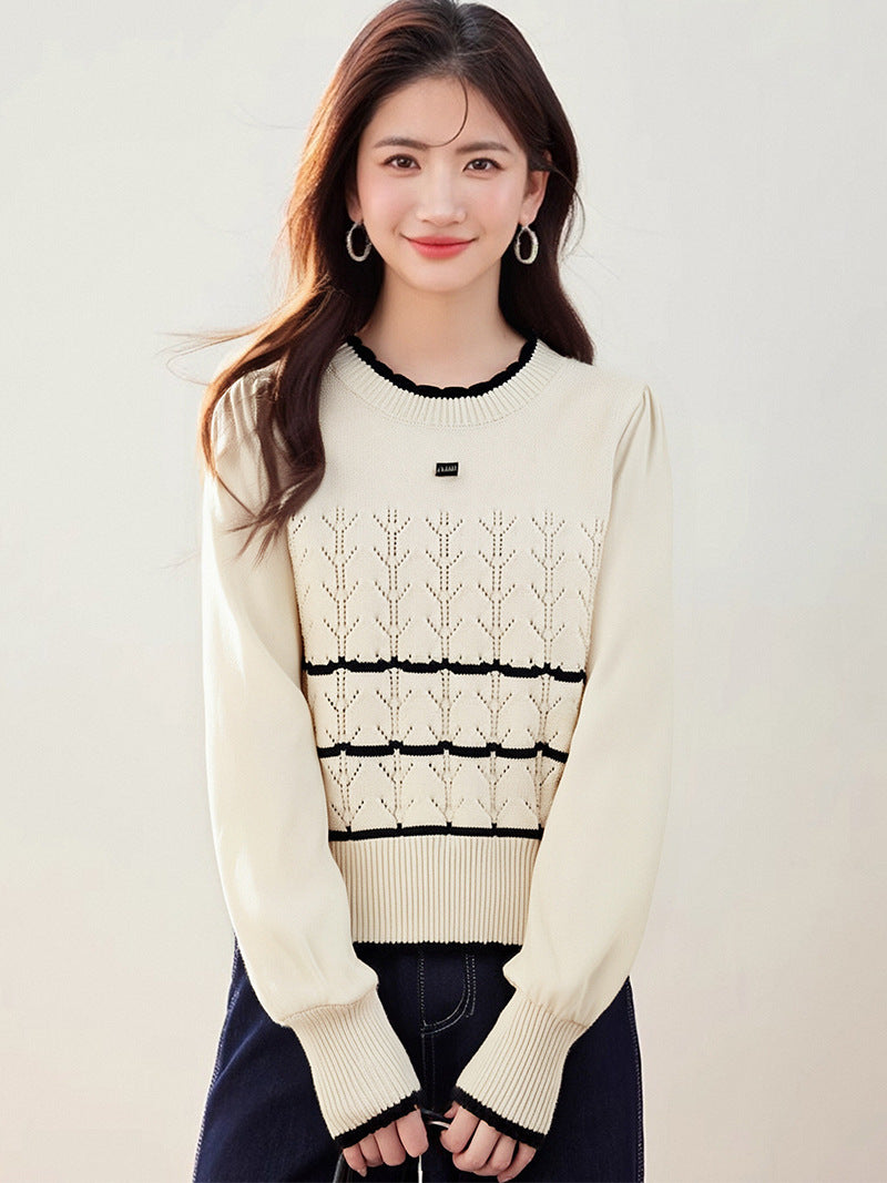 Fashionable style Color-blocked Knit Sweater with Round Neck, Slim Fit, French Chic Design