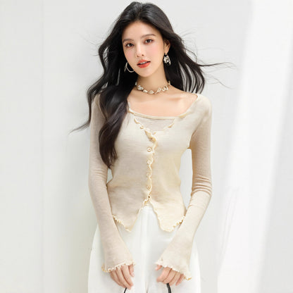 Chic Youthful Knit Top for WomenLong Sleeve Soft Lightweight Ruffled HemTwo-Piece Style