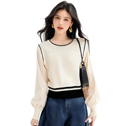 Soft style cozy knit top for women, unique and stylish two-piece design, autumn new arrival, ribbed sweater with contrast stitching