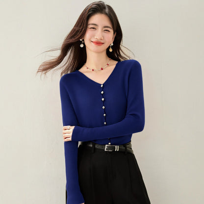 Chic Navy Blue V-Neck Knit Cardigan for Women  Lightweight Long Sleeve Inner Top