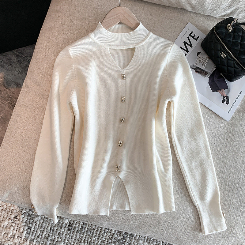 Knitted Sweater Women Korean Style Design Hollow-out V-neck Pullover Solid Color Top Elegant Beaded