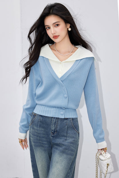 French Style Knit Sweater for Women Color-Blocking Stitched, Long Sleeve  Casual Wear