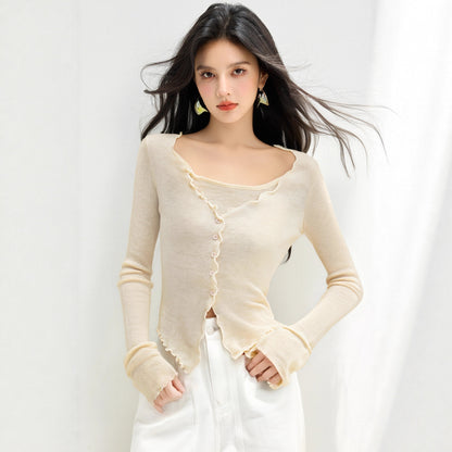 Chic Youthful Knit Top for WomenLong Sleeve Soft Lightweight Ruffled HemTwo-Piece Style