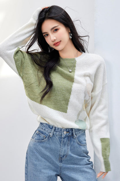 Artistic Collaboration Loose Soft Knit Sweater for Women, Round Neck Knit Top