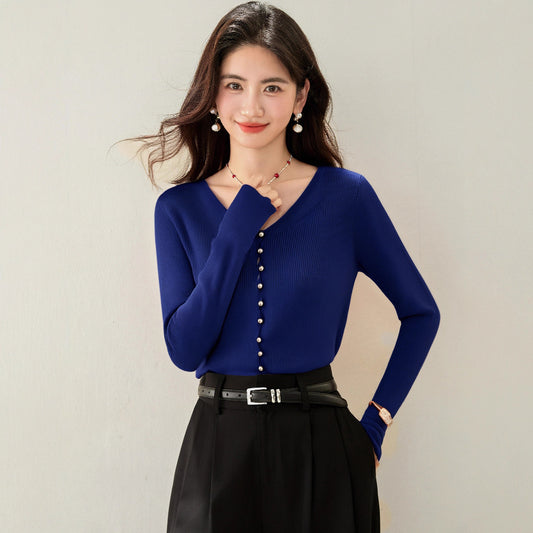 Chic Navy Blue V-Neck Knit Cardigan for Women  Lightweight Long Sleeve Inner Top