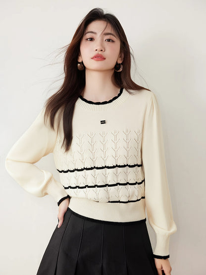 Fashionable style Color-blocked Knit Sweater with Round Neck, Slim Fit, French Chic Design