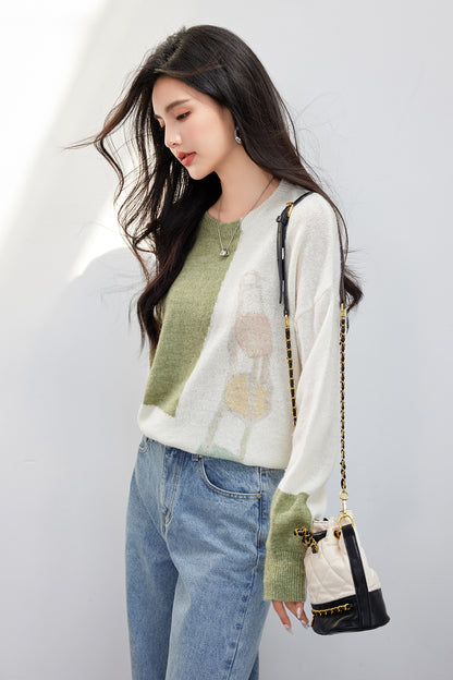 Artistic Collaboration Loose Soft Knit Sweater for Women, Round Neck Knit Top