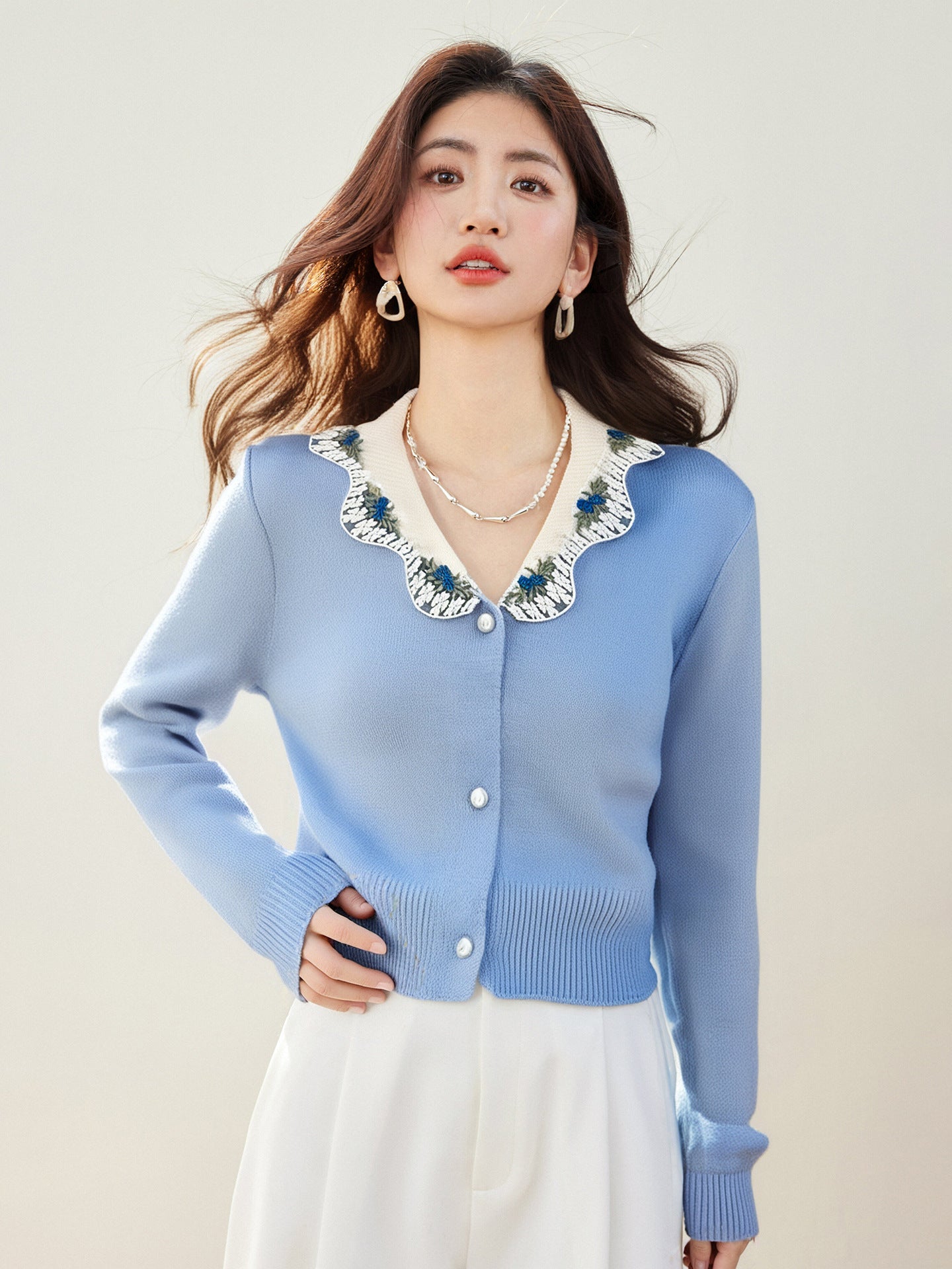 Sweet Lace Embroidery Trim Neck Knit Cardigan Top for Women