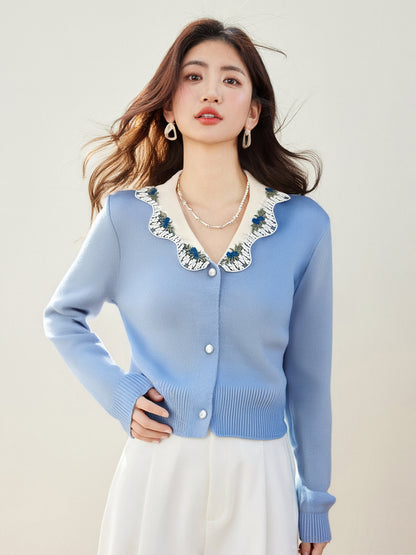 Sweet Lace Embroidery Trim Neck Knit Cardigan Top for Women