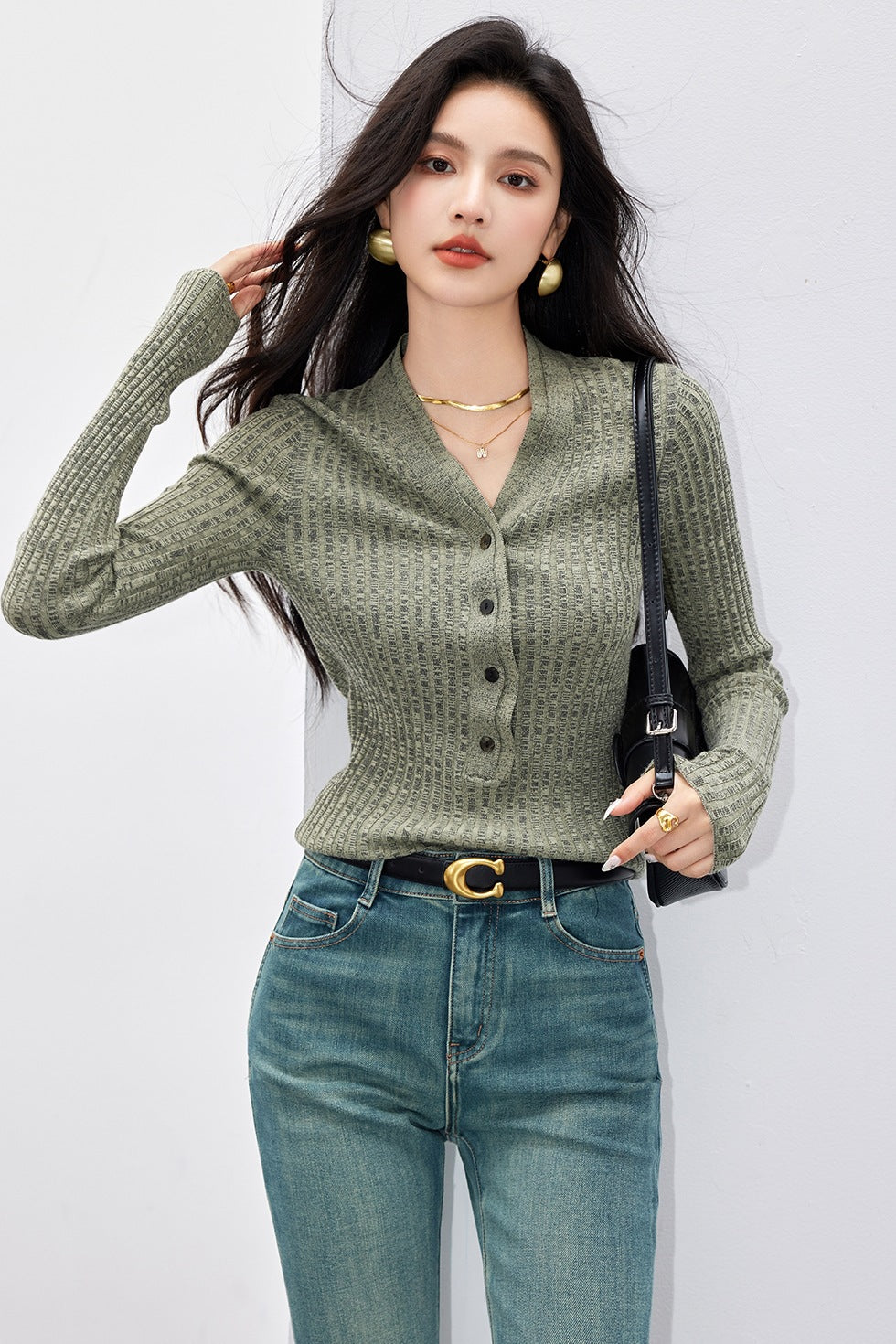 Perfectly Sexy Wool Double-Layer Half-Open Narrow V-Neck Ribbed Fitted Knitwear