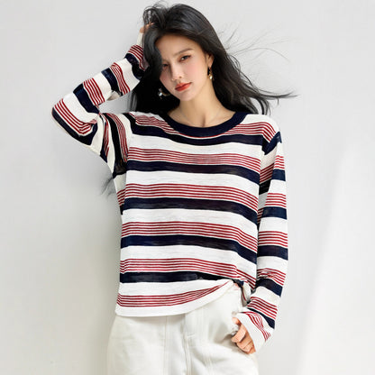 Laid-back Style Striped Long Sleeve Knit Top for WomenSoft Color-blocked Lightweight Sweater